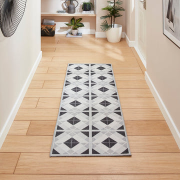 Washable Victoria H1190 Modern Vintage Geometric Diamond Tile Lightweight Printed Polyester Flatweave Charcoal Grey/Light Grey Rug-Think Rugs-Rug Love - The Most Loved Rug Store